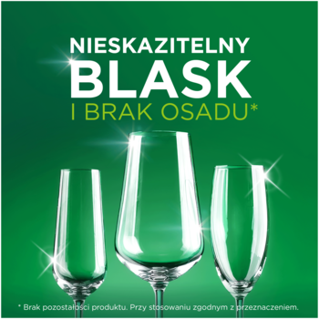 Kapsułki Fairy Original: trzy lśniące szklane kieliszki na zielonym tle. Napis: Nieskazitelny Blask i Brak Osadu.