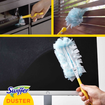 Żółty Swiffer Duster, usuwający kurz z monitora, żaluzji i sprzętów, widoczny w trzech ujęciach.