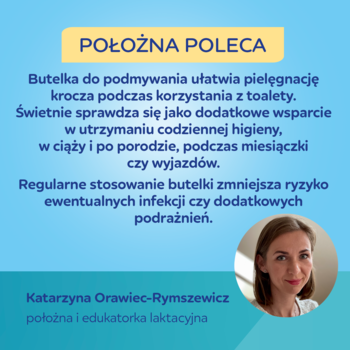 Położna poleca butelkę poporodową do podmywania, na grafice z jej zdjęciem. Wskazówki higieny.