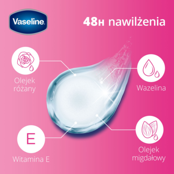 Grafika Vaseline Lip Therapy, różowe tło. Wskazuje 48H nawilżenia i składniki: olej różany, wazelina, witamina E, migdałowy.