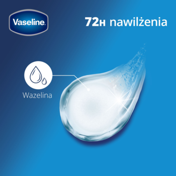 Wazelina Vaseline: biały, lśniący swirl produktu na niebieskim tle. Logo 72H nawilżenia i ikona kropli.