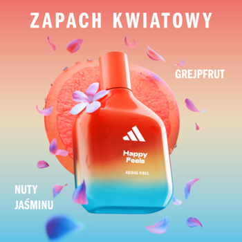 Adidas Happy Feels woda perfumowana, butelka gradientowa czerwień-błękit, zapach kwiatowy, grejpfrut, jaśmin.