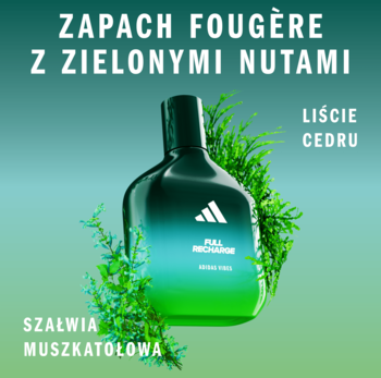 Adidas Vibes Full Recharge, męska woda perfumowana, zielony flakon z liśćmi szałwii i cedru.