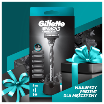 Gillette Mach3 Charcoal maszynka męska z ciemną rączką, 6 ostrzami i stojakiem, na tle tealowych prezentów.