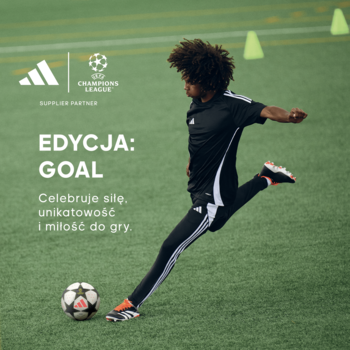 Chłopiec w stroju Adidas kopie piłkę na boisku. Napis: "EDYCJA: GOAL". Zapach adidas UEFA Champions League Goal.