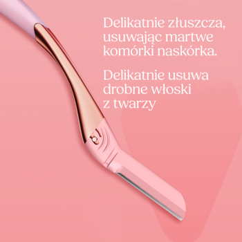 Wilkinson Intuition Dermaglown, różowo-złoty przyrząd do dermaplaningu, usuwający włoski i martwy naskórek, widok pod kątem na różowym tle.