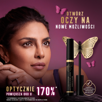 Priyanka Chopra z tuszem Max Factor Divine Lashes, optycznie powiększającym oko o 170%, na purpurowym tle.