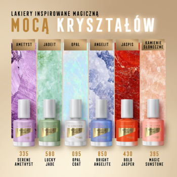 Sześć lakierów Max Factor Miracle Pure, w tym ametyst, jadeit, opal, angelit, jaspis, kamień słoneczny.