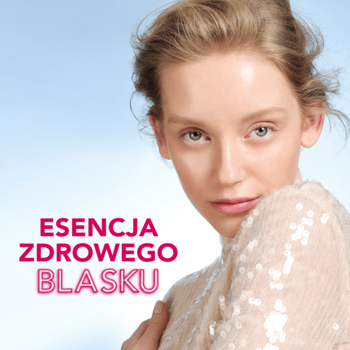 Kobieta z promienną cerą, nosząca Bourjois Healthy Mix Glow Tint Essence, na tle z napisem "ESENCJA ZDROWEGO BLASKU".