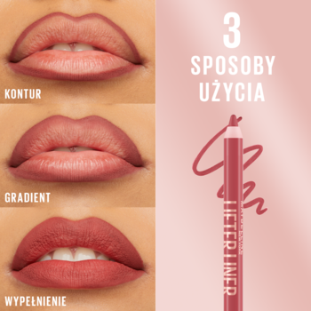 Maybelline Lifter Liner 005 On It: 3 sposoby użycia konturówki do ust na modelce, obok widoczna kredka.