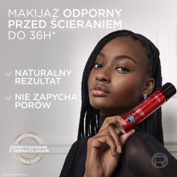 Modelka z czerwonym sprayem L'Oréal Paris Infaillible utrwalającym makijaż 36H. Widok z przodu, nie zatyka porów.