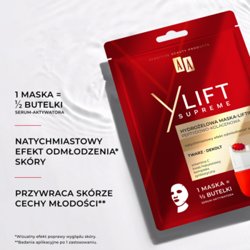 AA Y Lift Supreme czerwona hydrożelowa maska liftingująca. Widok z przodu, napis 1 maska = ½ butelki.