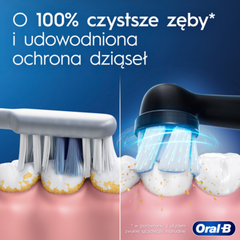 Porównanie Oral-B iO z manualną szczoteczką: na zębach widać usunięcie nalotu dla 100% czystszych zębów.