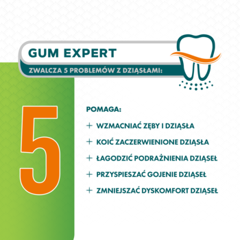 Grafika reklamowa pasty GUM EXPERT, z dużą pomarańczową cyfrą 5, przedstawia 5 korzyści dla dziąseł.