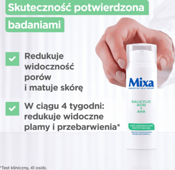 Mixa matujący żel z kwasem salicylowym i AHA w białej butelce. Grafika wskazuje na redukcję porów i plam.
