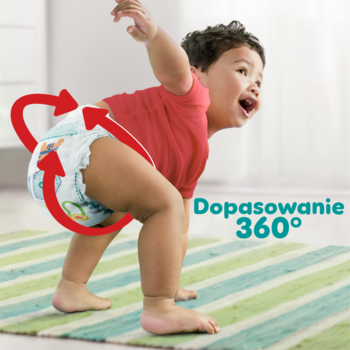 Pieluchomajtki Pampers Pants z dopasowaniem 360° na ruchliwym dziecku, z czerwoną strzałką wokół talii.