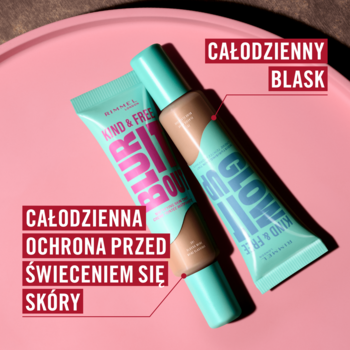 Rimmel Kind & Free: matujący Blur It Out i rozświetlający Glowing Glow SPF 20, dwie tubki na różowym tle.