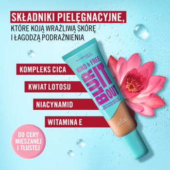 Rimmel Kind & Free Blur It Out, podkład matujący dla cery tłustej, z Cica, Niacynamidem i Wit. E, tubka pod kątem.