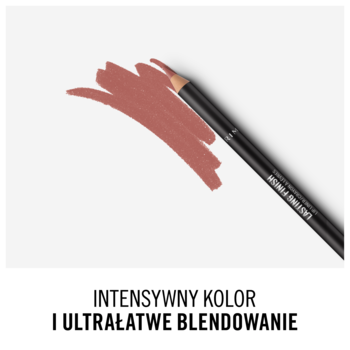 Rimmel Lasting Finish: czarna kredka do ust z długotrwałym, kremowym kolorem nude na białym tle.