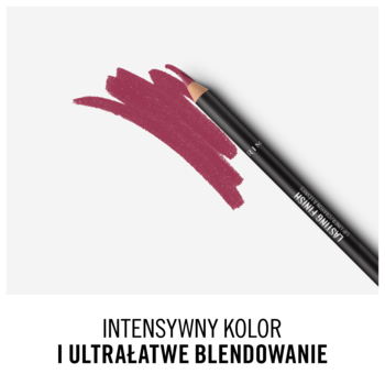 Rimmel Lasting Finish konturówka do ust. Czarna kredka i kremowa, ciemnoróżowa smuga koloru na białym tle.