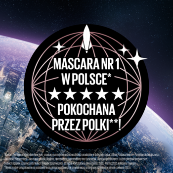 Promocyjny emblemat tuszu Maybelline Lash Sensational Sky High: "Mascara Nr 1 w Polsce" z pięcioma gwiazdkami na tle kosmosu.