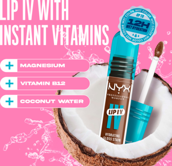 Nawilżający błyszczyk NYX Lip IV Splash N Spice, brązowy, z aplikatorem, otoczony napisami o witaminach i kokosem.