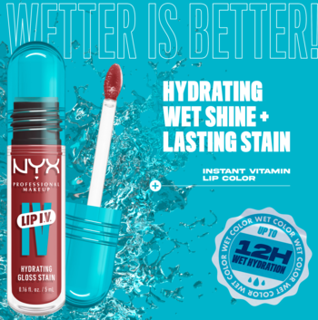 NYX Lip I.V. Hydrating Gloss Stain, czerwono-pomarańczowy, z aplikatorem. 12H nawilżenia i połysku.