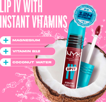 NYX Lip I.V. Hydrating Gloss Drippin' In Rose w turkusowej tubce, w kokosie, z aplikatorem, na różowym tle.
