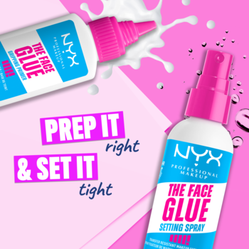 Białe butelki NYX The Face Glue primer (z klejem) i spray utrwalający na różowo-fioletowym tle. Hasło 'PREP IT & SET IT'.