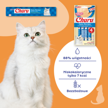 Biały kot obok opakowań Ciao Churu Tuna Recipe i ikon informujących o 88% wilgotności, 7 kcal, bez zbóż.