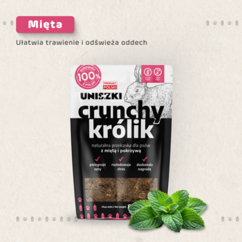 Uniszki Crunchy Królik, karma uzupełniająca z miętą, czarna saszetka widok z przodu, świeże liście mięty na jasnym tle.