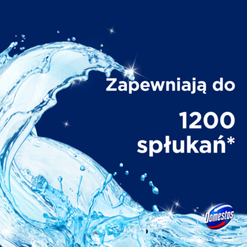 Domestos Power 5 Ocean kostka WC, dynamiczna fala wody na granatowym tle, tekst: "Zapewniają do 1200 spłukań".