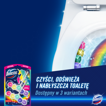Domestos Power 5 Magic Unicorn kostka WC; opakowanie i działająca zawieszka w toalecie z tęczowym efektem czyszczenia.
