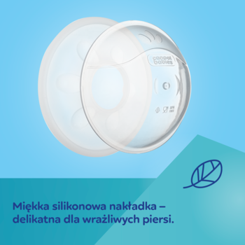 Dwa przezroczyste silikonowe kolektory mleka Canpol babies na błękitnym tle, dla wrażliwych piersi.