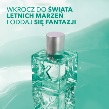 MEXX Summer Daydream, orzeźwiająca męska woda toaletowa w zielononiebieskiej butelce na falistym, wodnym tle.