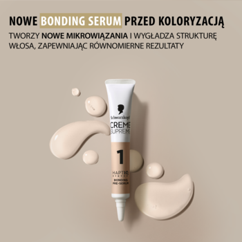 Schwarzkopf Creme Supreme Bonding Serum przed koloryzacją, beżowa tubka nr 1, otoczona kroplami.