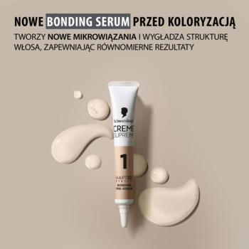 Schwarzkopf Bonding Serum przed koloryzacją, beżowa tubka z czarną nakrętką i logo, otoczona kremowymi kroplami.