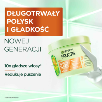 Garnier Fructis Keratin Sleek maska, zielony słoik otwarty z kremem, wygładza, połysk, redukuje puszenie.