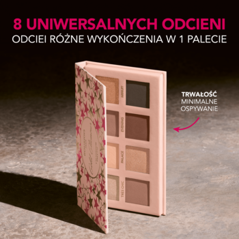 Otwarta paleta Bourjois Gold Glamour, 8 uniwersalnych cieni w beżach i brązach, z teksturą mat/połysk.