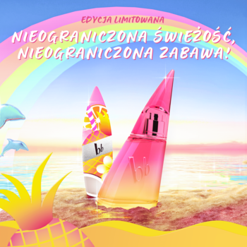 Damska woda toaletowa Bruno Banani Limited Edition. Różowa butelka i biała w kształcie deski na plaży.