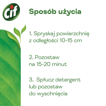 Instrukcja użycia Cif Perfect Finish w trzech krokach: spryskaj, pozostaw 15-20 min, spłucz/wysusz. Zielone tło.