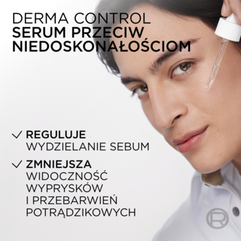 Mężczyzna aplikujący L'Oréal Men Expert Derma Control serum z pipetą, niacynamid i kwas salicylowy, redukcja sebum i wyprysków.