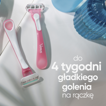 Dwa różowe maszynki Gillette Venus Miami Vibes z perfumowaną rączką na jasnym tle. Do 4 tygodni gładkiego golenia.
