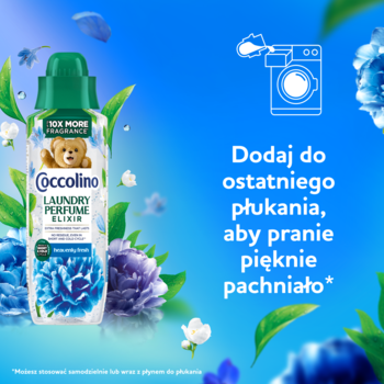 Butelka Coccolino Laundry Perfume Elixir Heavenly Fresh, żel do perfumowania prania, na tle kwiatów z instrukcją użycia.