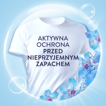 Lenor Spring Awakening: koszulka z napisem 'Aktywna Ochrona Przed Nieprzyjemnym Zapachem', otoczona kwiatami i wodą.