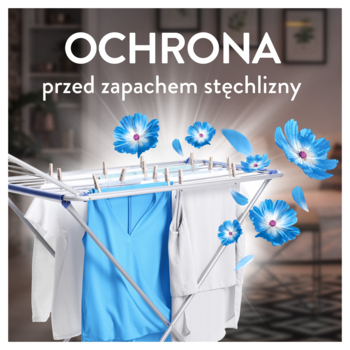 Lenor Fresh Air: ubrania na suszarce, unoszące się niebieskie kwiaty. Tekst na zdjęciu: OCHRONA przed zapachem stęchlizny.