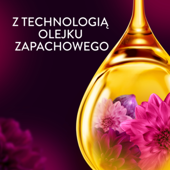 Lenor Lotus Flower & Diamond Figs, płyn do płukania. Złota kropla z kwiatami lotosu i fig na fioletowym tle, z tekstem o technologii olejku.