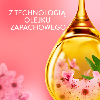Lenor Blossom & Sage, zbliżenie na złotą kroplę olejku z kwiatami wiśni, napis "Z TECHNOLOGIĄ OLEJKU ZAPACHOWEGO".