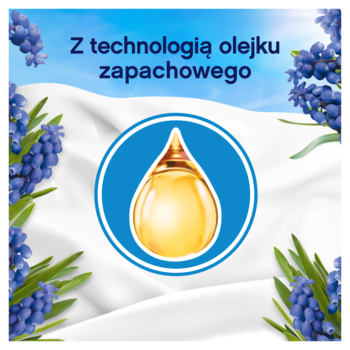 Lenor Capri płyn do płukania tkanin. Biała tkanina z błękitnymi kwiatami i ikoną olejku zapachowego. Napis 'Z technologią olejku'.