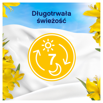 Zbliżenie na białą tkaninę z żółtymi kwiatami i ikoną Lenor Sicilia: 7 dni długotrwałej świeżości.